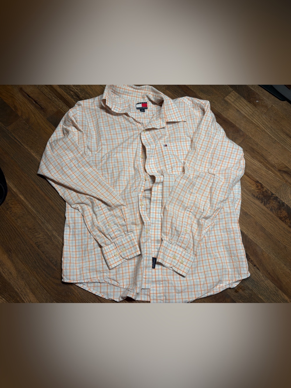 Tommy Hilfiger Men’s White Button-Down Shirt with Orange Plaid